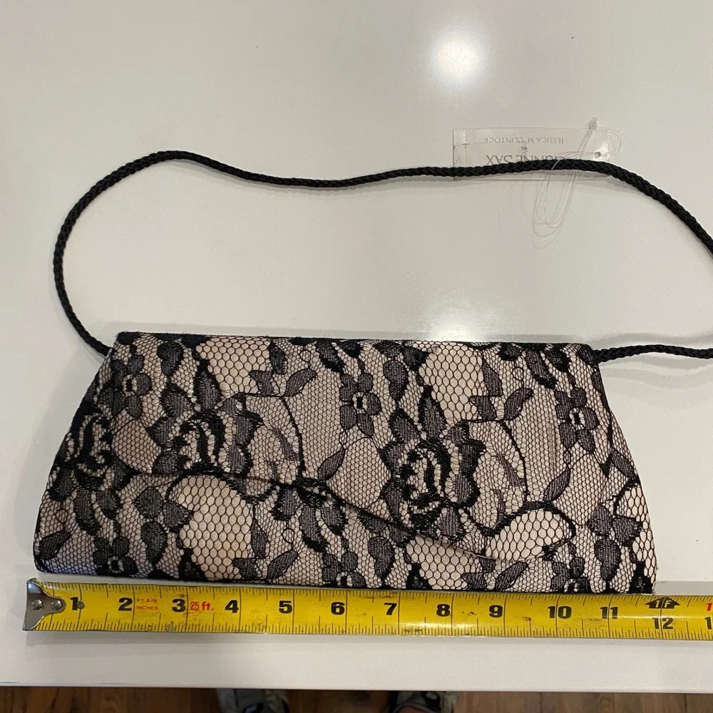 Gunne Sax Jessica McClintock Black Lace Champagne Satin Evening Clutch Bag NWT